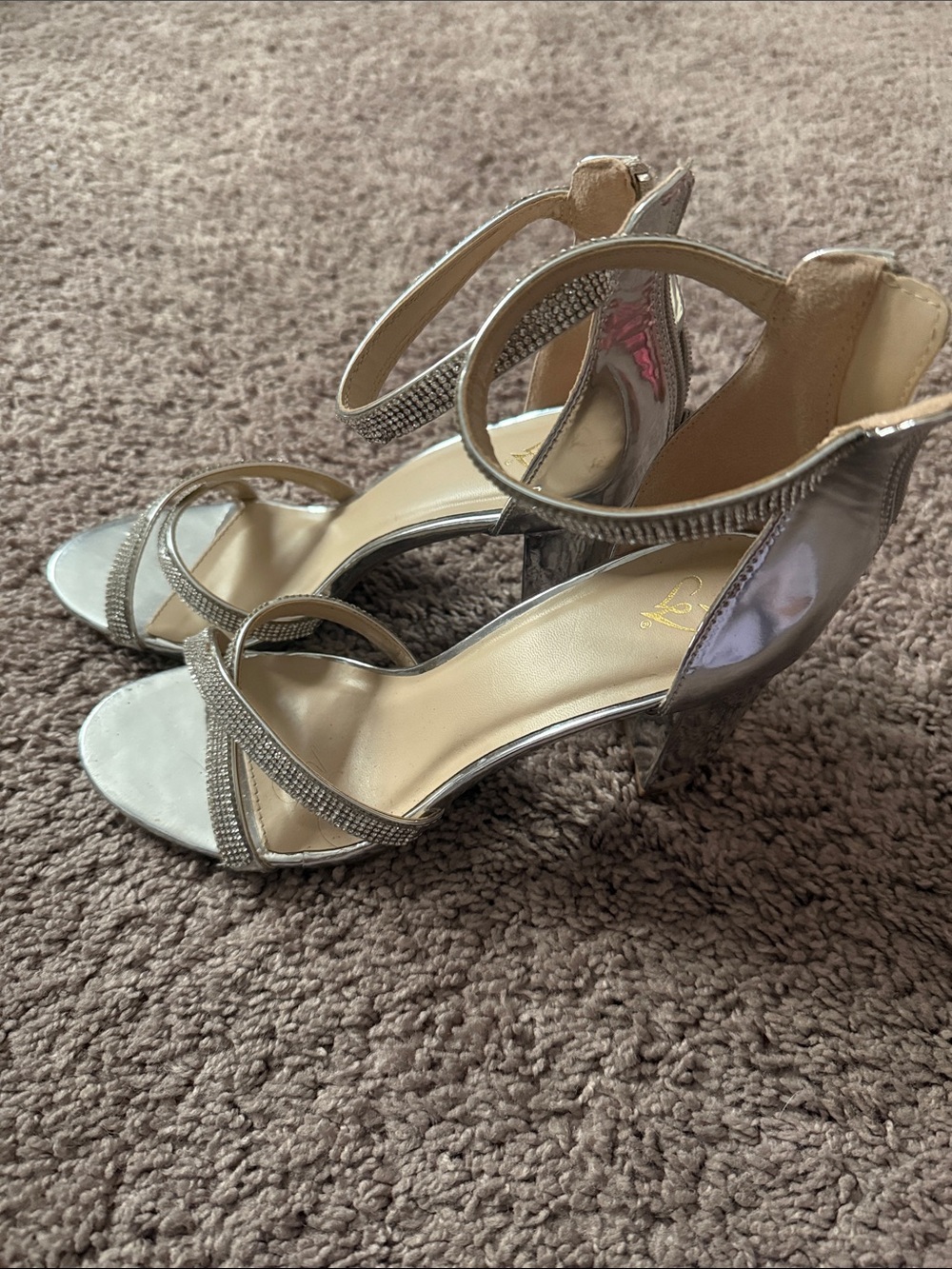 Silver Metallic Block Heel Sandals with Rhinestone Straps